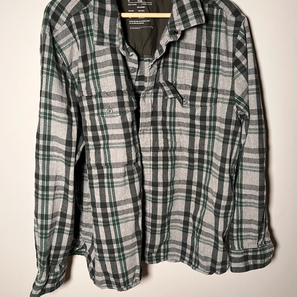 REI Co-op Mens XL Flannel Shirt Grey‎ Green Plaid Long Sleeve Button Down Cotton